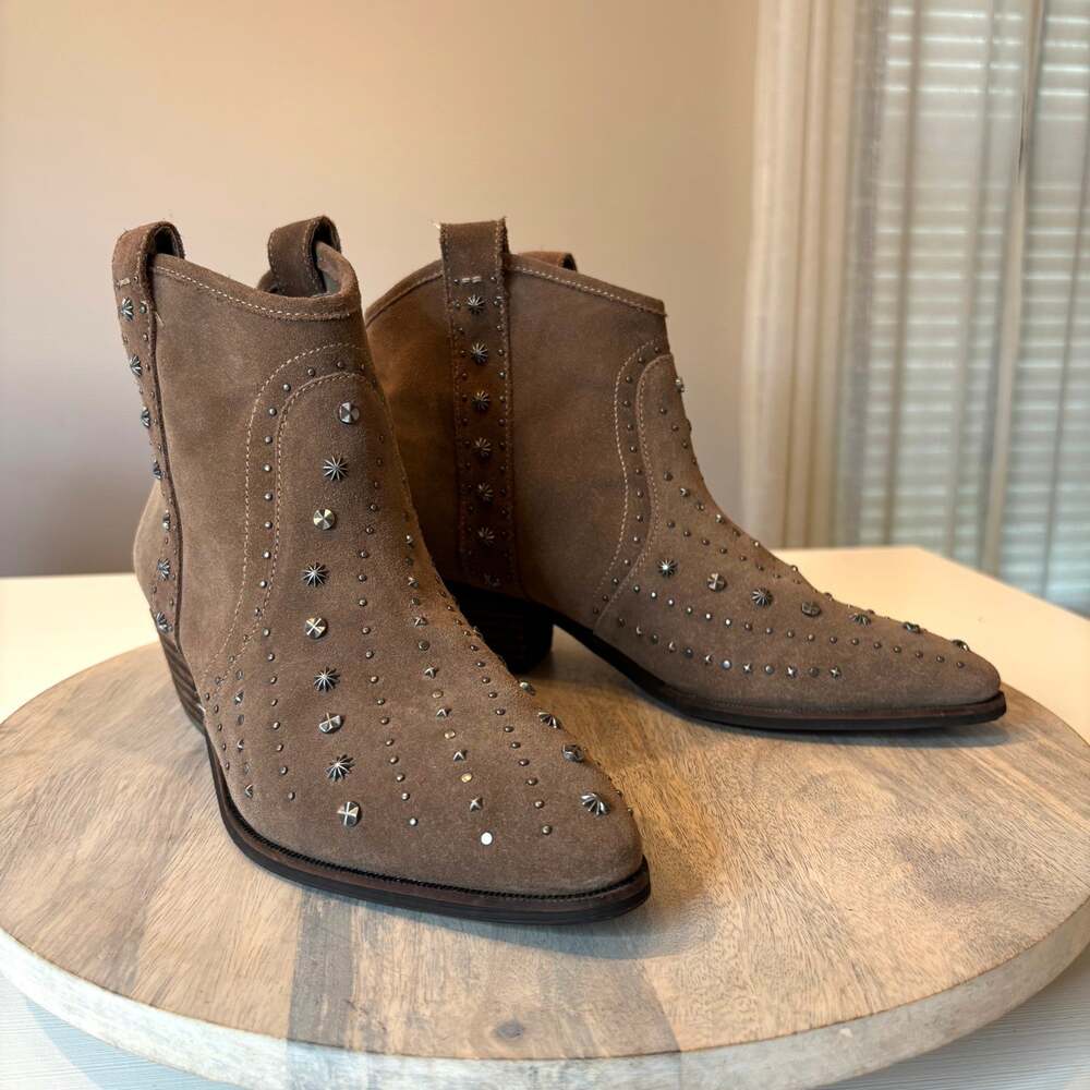 Sam Edelman Brian Studded Western Ankle Boots Women's Sz 8.5 Taupe Suede Cowgirl